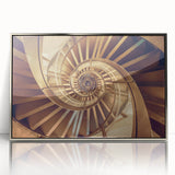 Mid-century modernist art featuring a spiral staircase in black and white tones, framed in silver acrylic.