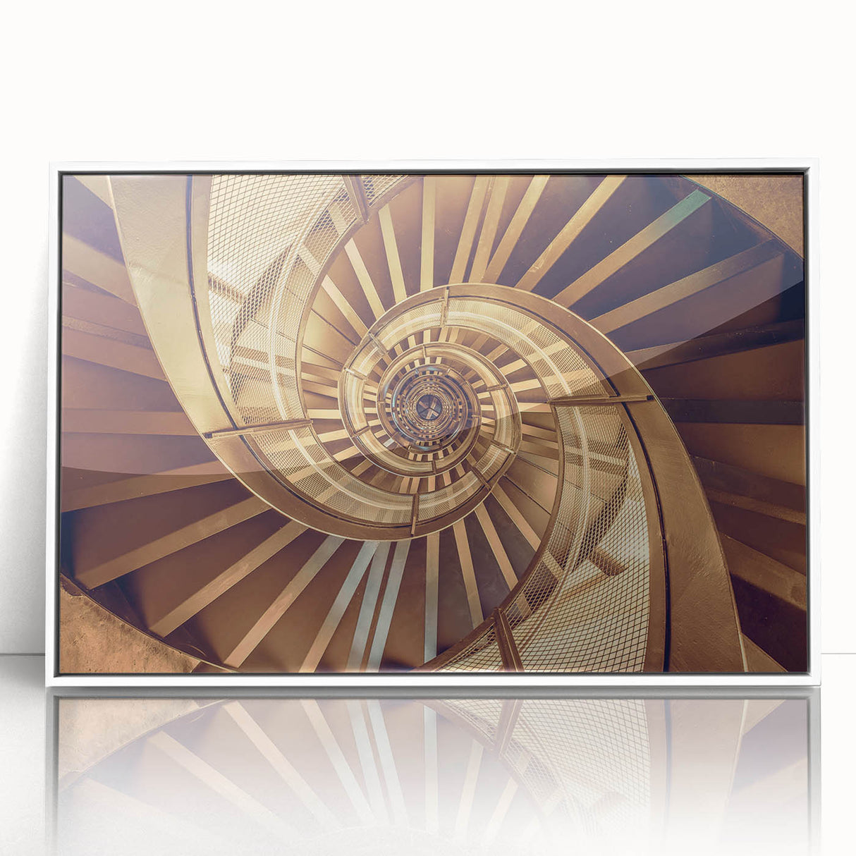 Art deco poster featuring a spiral staircase in monochrome, acrylic print framed in white.
