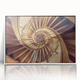 Art deco poster featuring a spiral staircase in monochrome, acrylic print framed in white.