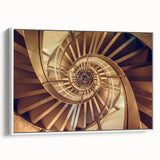 Vintage poster art of a spiral staircase in black and white, framed canvas, ideal for living room decor.