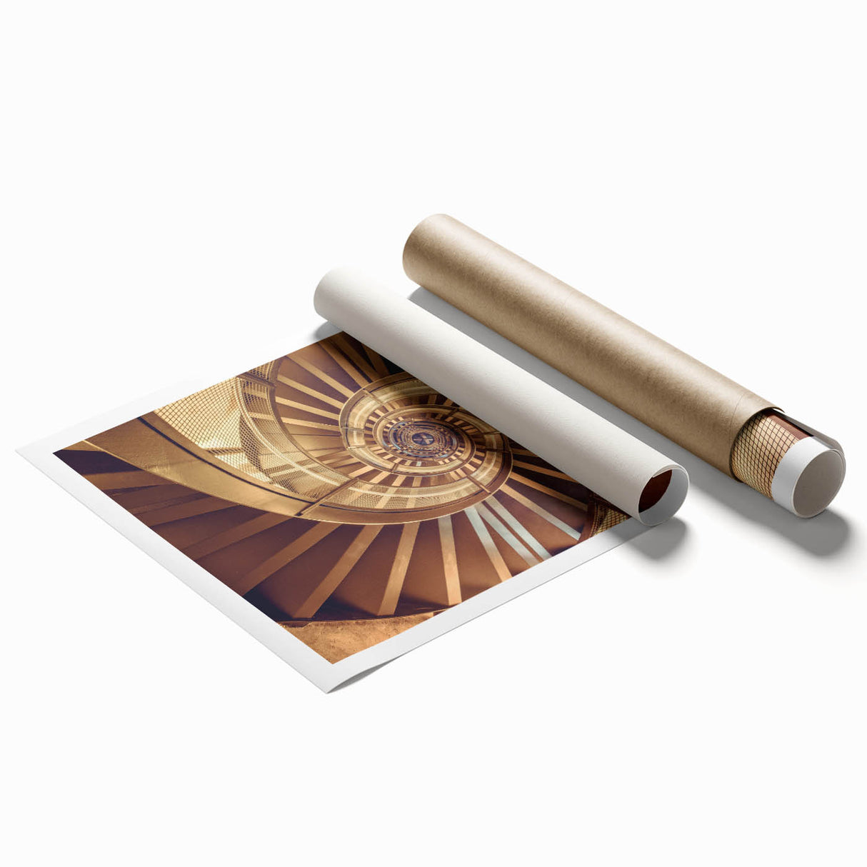 Extra large rolled print of a floral staircase design in muted earth tones, ideal for classy bathroom wall art.