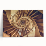Black and white photo of a spiral staircase on stretched canvas, suitable as large kitchen wall art or bedroom decor.