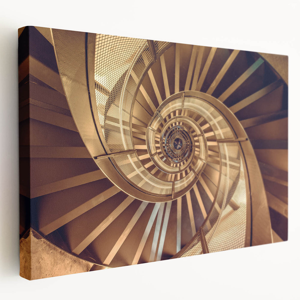 Spiral staircase in monochrome, printed on large stretched canvas, suitable for kitchen wall art.