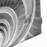 Mid-century modernist large abstract wall art featuring a spiral staircase in muted gray tones on acrylic glass.