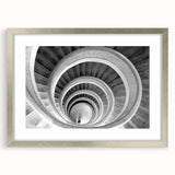 Textured art of an abstract staircase in muted gray and silver tones on a framed print, suitable for bedroom decor.