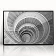 Large abstract wall art featuring a spiral staircase design in black and white, framed acrylic, ideal for modern home decor.
