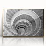 Mid-century modernist staircase design in gold and black hues on a framed acrylic, suitable for modern art wall decor.
