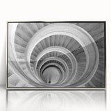 Mid-century modernist style acrylic print featuring a spiral staircase in monochrome shades, ideal for modern art wall decor.