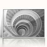 Art deco poster of a spiral staircase in black and white tones, acrylic framed, suitable for modern art wall decor.