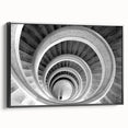 Black and white framed canvas of a spiral staircase in a vintage poster art style, ideal for bedroom wall decor.