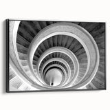 Black and white framed canvas of a spiral staircase in a vintage poster art style, ideal for bedroom wall decor.