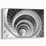 Vintage poster art of a spiral staircase in black and white, framed canvas, ideal for living room decor.
