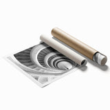 Spiral staircase design in monochrome on rolled print, suited for classy bathroom wall art.