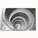 Black and white photograph of a spiral staircase on stretched canvas, suitable as large kitchen wall art.