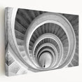 Side view of a large, stretched canvas featuring a grayscale architectural staircase design, suitable for kitchen wall art.