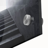 Mid-century modernist large abstract wall art on acrylic glass depicting a spiral staircase in grayscale.