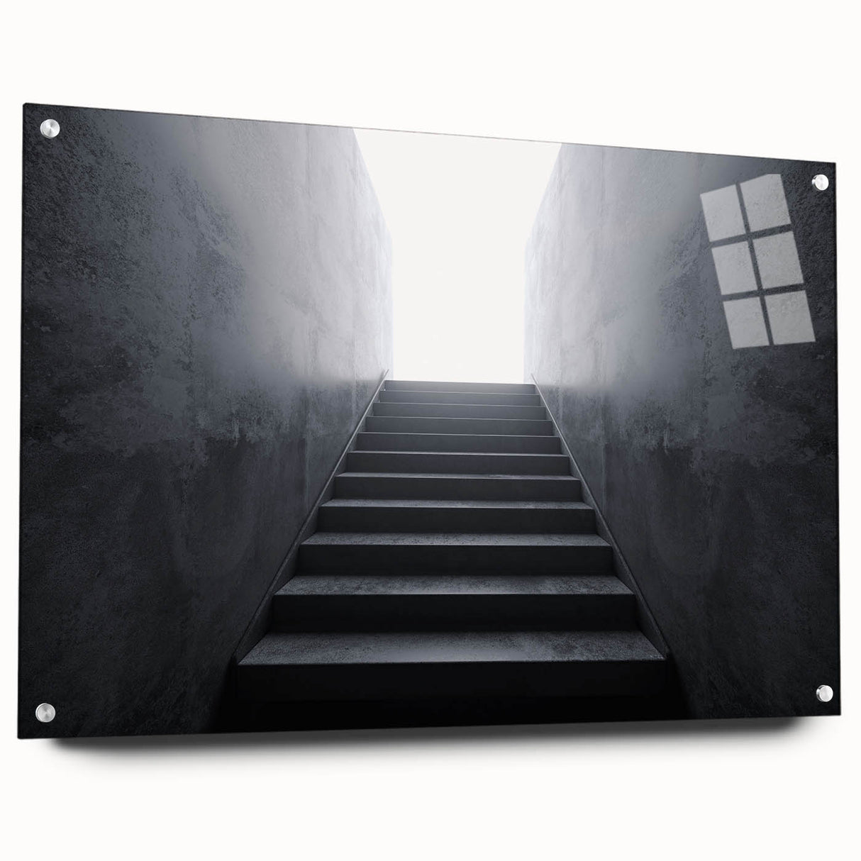 Acrylic print of a large abstract staircase design in muted gray tones, ideal for modern bedroom or dining room decor.