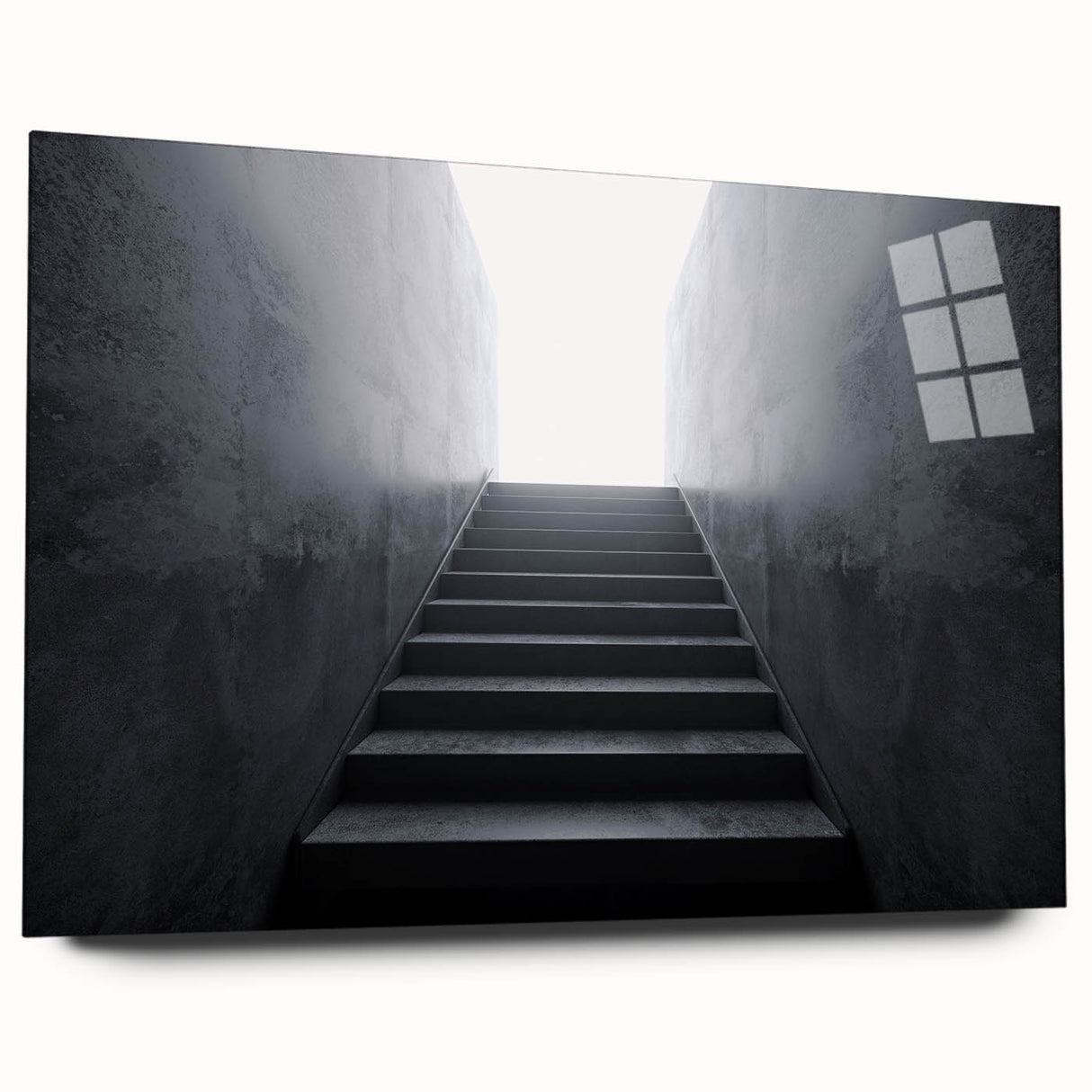 Acrylic print of a large abstract staircase in muted gray, ideal for modern bedroom or dining room art.
