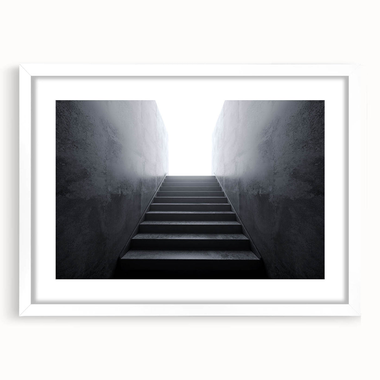 Abstract art print of a spiral staircase in monochrome, framed in white, ideal for modern bedroom or dining room decor.