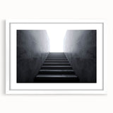 Abstract art print of a spiral staircase in monochrome, framed in white, ideal for modern bedroom or dining room decor.