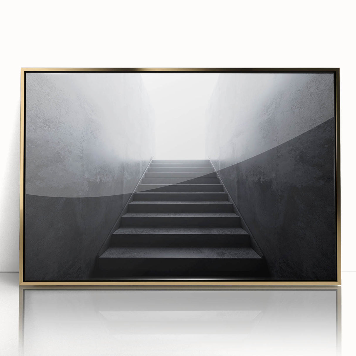 Mid-century modernist large art print of a spiral staircase in muted gold tones on framed acrylic.