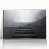 Art Deco poster of a spiral staircase in black and white, framed in white acrylic, suitable for modern art wall decor.