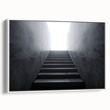 Vintage poster art of a spiral staircase in black and white, framed canvas, ideal for living room decor.