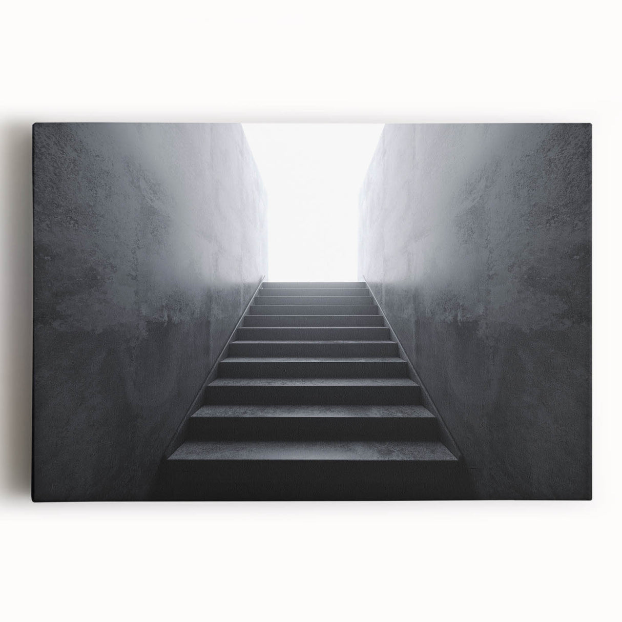 Black and white photograph of a spiral staircase on stretched canvas.
