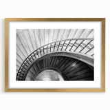 Extra large abstract art print of a spiral staircase in textured gray tones on a framed canvas, ideal for living room decor.