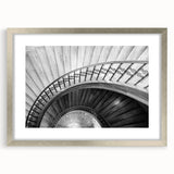 Textured art of an abstract staircase in silver frame with mat, in muted gray tones, suited for bedroom art.