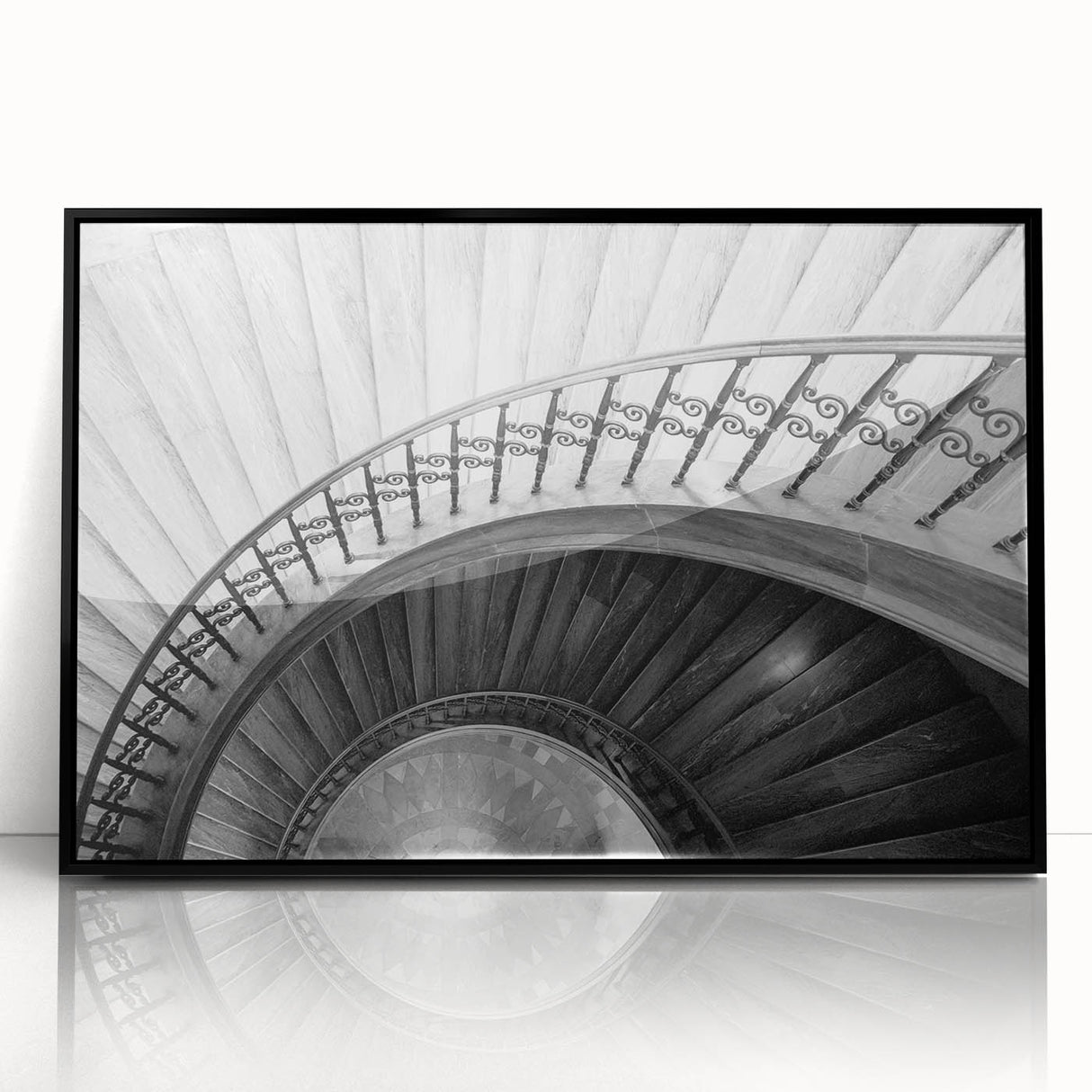 Large abstract wall art of a spiral staircase in black and white, framed acrylic, suitable for modern art wall decor.