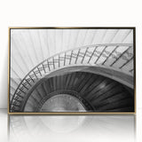 Mid-century modernist spiral staircase in gold tones, acrylic print framed, suitable for modern art wall decor.