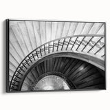 Black and white framed canvas of a spiral staircase in a minimalist style, suitable for bedroom wall decor.