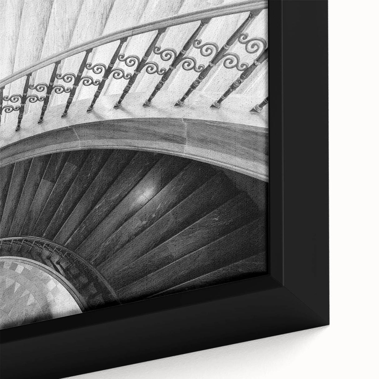 Close-up of a black wall art featuring a colorful, textured staircase design on a framed canvas, ideal for living room decor.