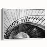 Vintage poster art of a spiral staircase in black and white, framed canvas, ideal for living room decor.