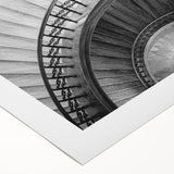 Art deco poster of a spiral staircase in monochrome, printed on rolled canvas, suitable for dining room wall art.