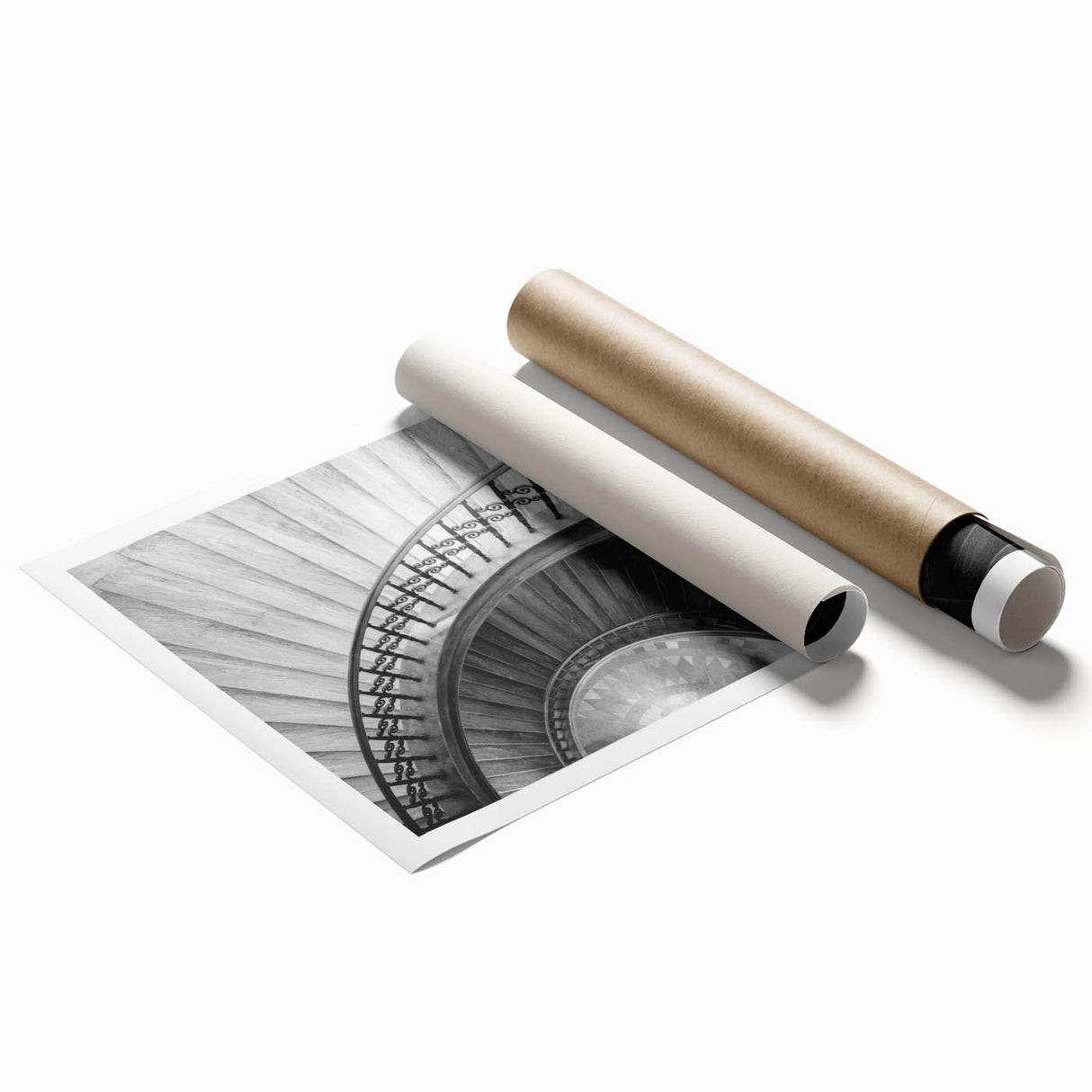 Extra large rolled print of a minimalist staircase design in monochrome shades, ideal for classy bathroom wall art.