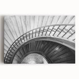 Black and white photograph of a spiral staircase on stretched canvas, suitable as kitchen wall art or for bedroom ambiance.