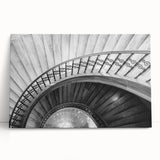 Black and white photograph of a spiral staircase on stretched canvas, suitable as large kitchen wall art.