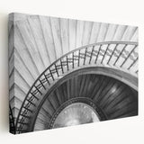 Spiral staircase design in a monochrome palette on a large stretched canvas, suitable for kitchen wall art.