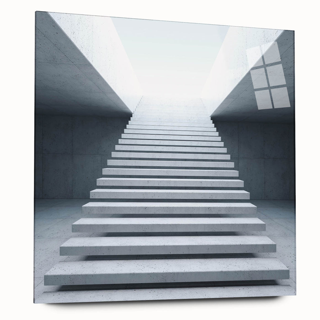 Acrylic print of a large abstract staircase design in muted gray and blue tones, ideal for bedroom or dining room art.