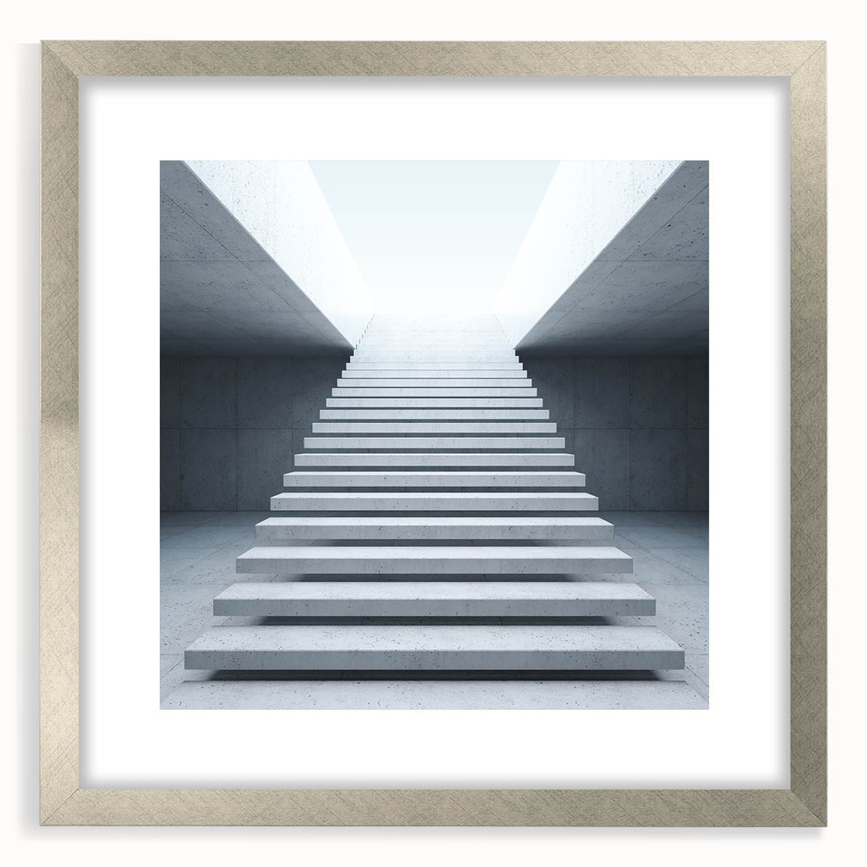 Textured art print of an abstract staircase in muted gray tones on framed canvas, suitable for bedroom decor.