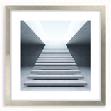 Textured art print of an abstract staircase in muted gray tones on framed canvas, suitable for bedroom decor.