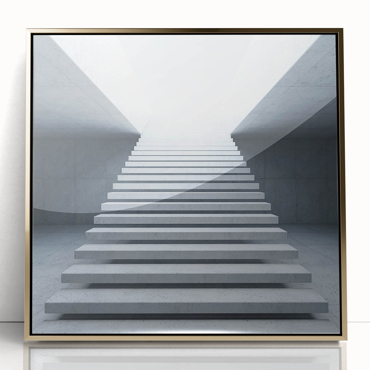 Mid-century modernist art of a spiral staircase in gold and black hues, framed acrylic print.