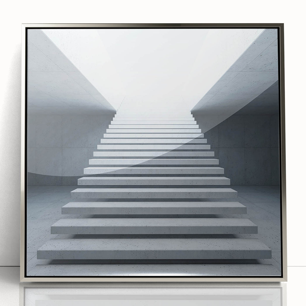 Mid-century modernist art of a spiral staircase in muted gray tones, framed acrylic, suitable for modern art wall decor.