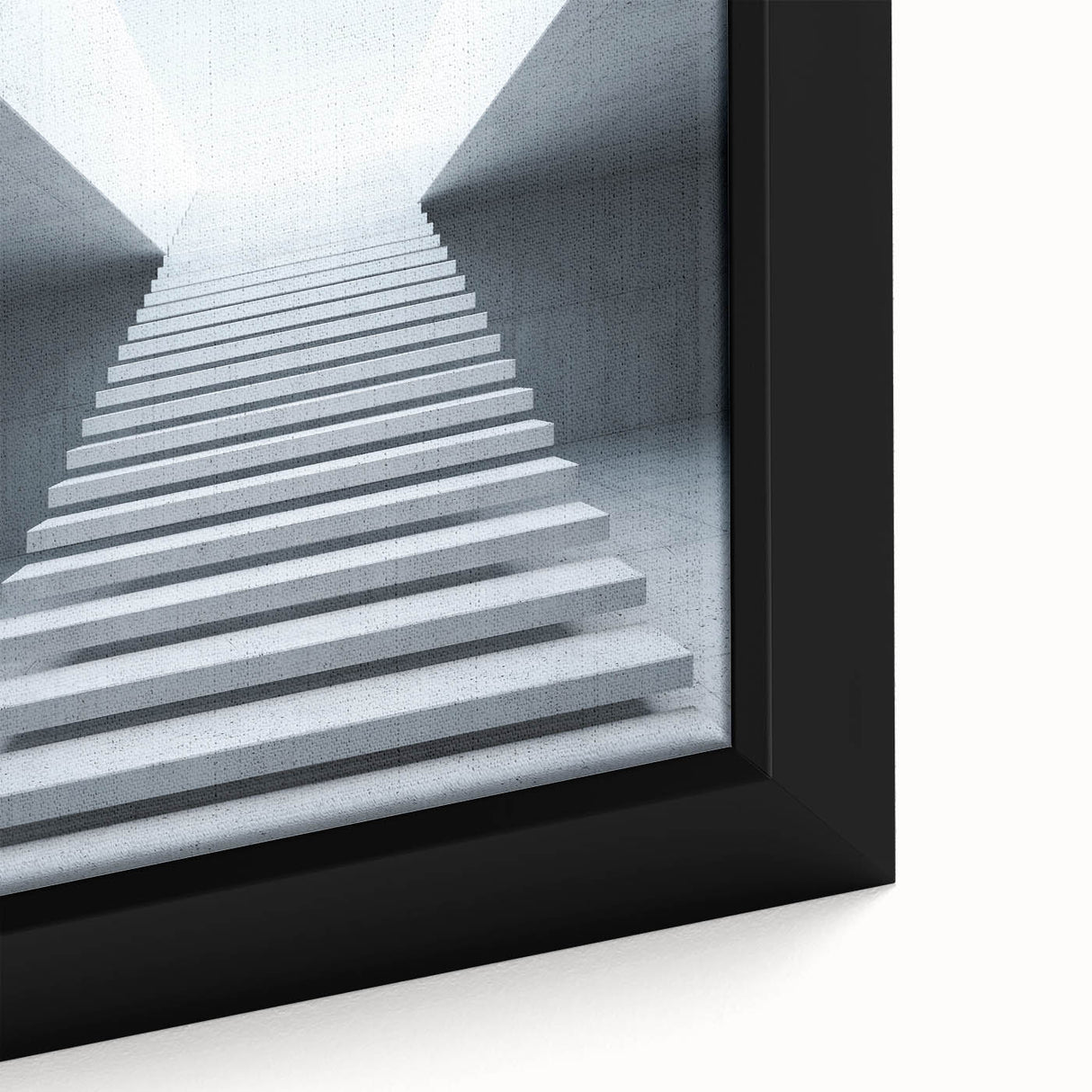 Close-up of a black wall art featuring a textured staircase design in muted colors on a framed canvas.
