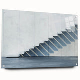 Acrylic print of a large abstract staircase design in muted gray tones, ideal for modern bedroom or dining room decor.