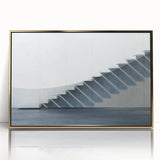 Mid-century modernist staircase design in gold and black hues, acrylic print framed, suitable for modern art wall decor.