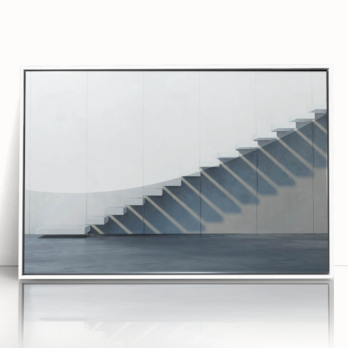 Art Deco poster featuring a spiral staircase in black and white, framed in acrylic, ideal for modern art wall decor.