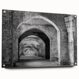 Large abstract wall art on acrylic glass depicting interconnected tunnels in gray and blue tones.